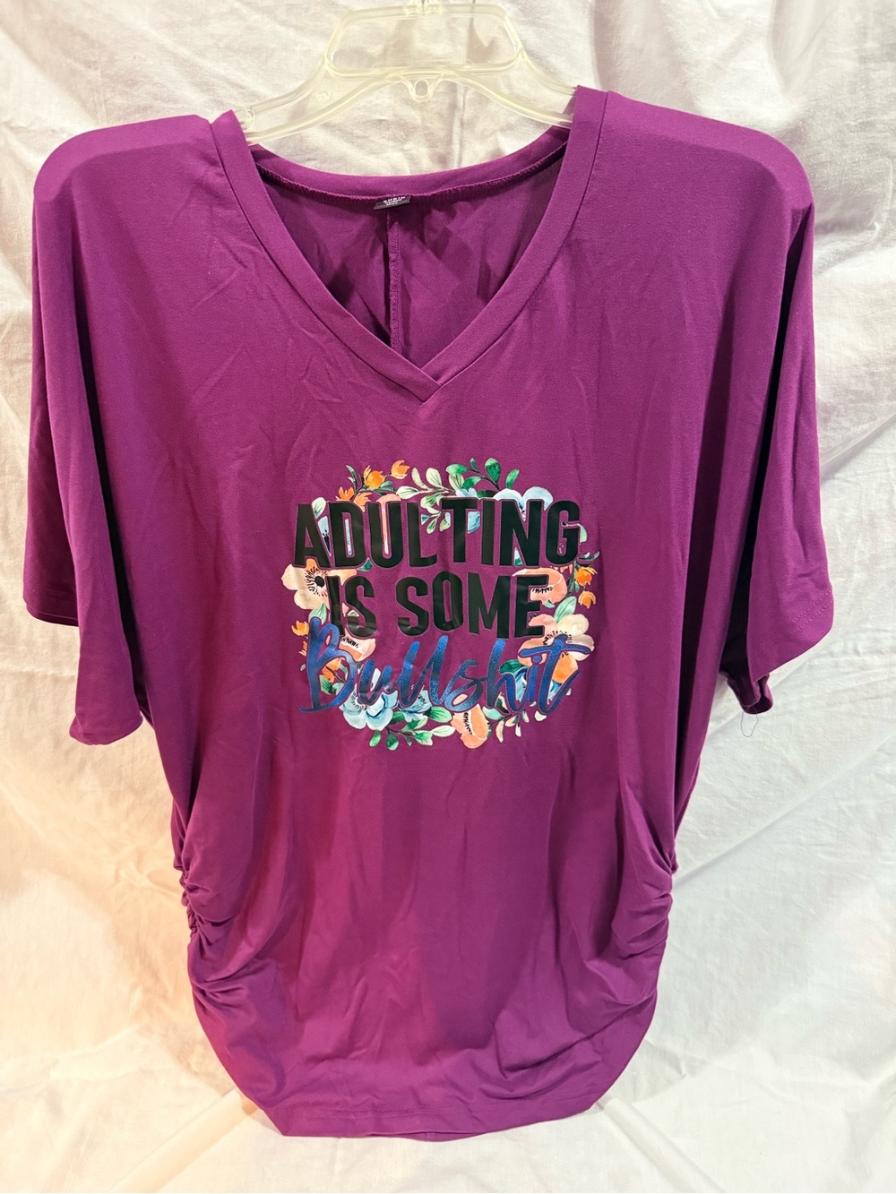 Purple V-Neck Graphic Women’s Top - 'Adulting Is Some Bullshit'